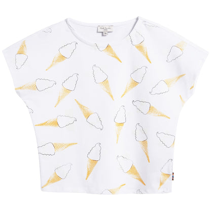 Girls White & Yellow Ice Cream Cotton T-shirt