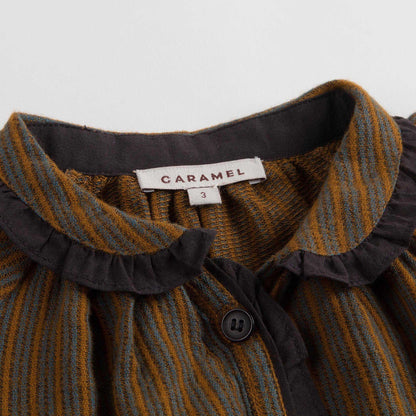 Girls Beige Mustard Striped Cotton Woven Dress