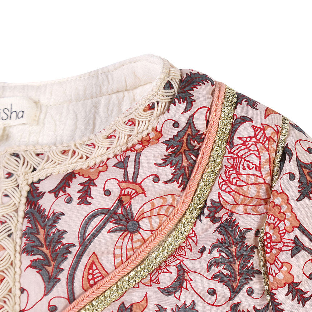 Girls Pink Flower Printed Trims Cotton 'Checjka' Jacket