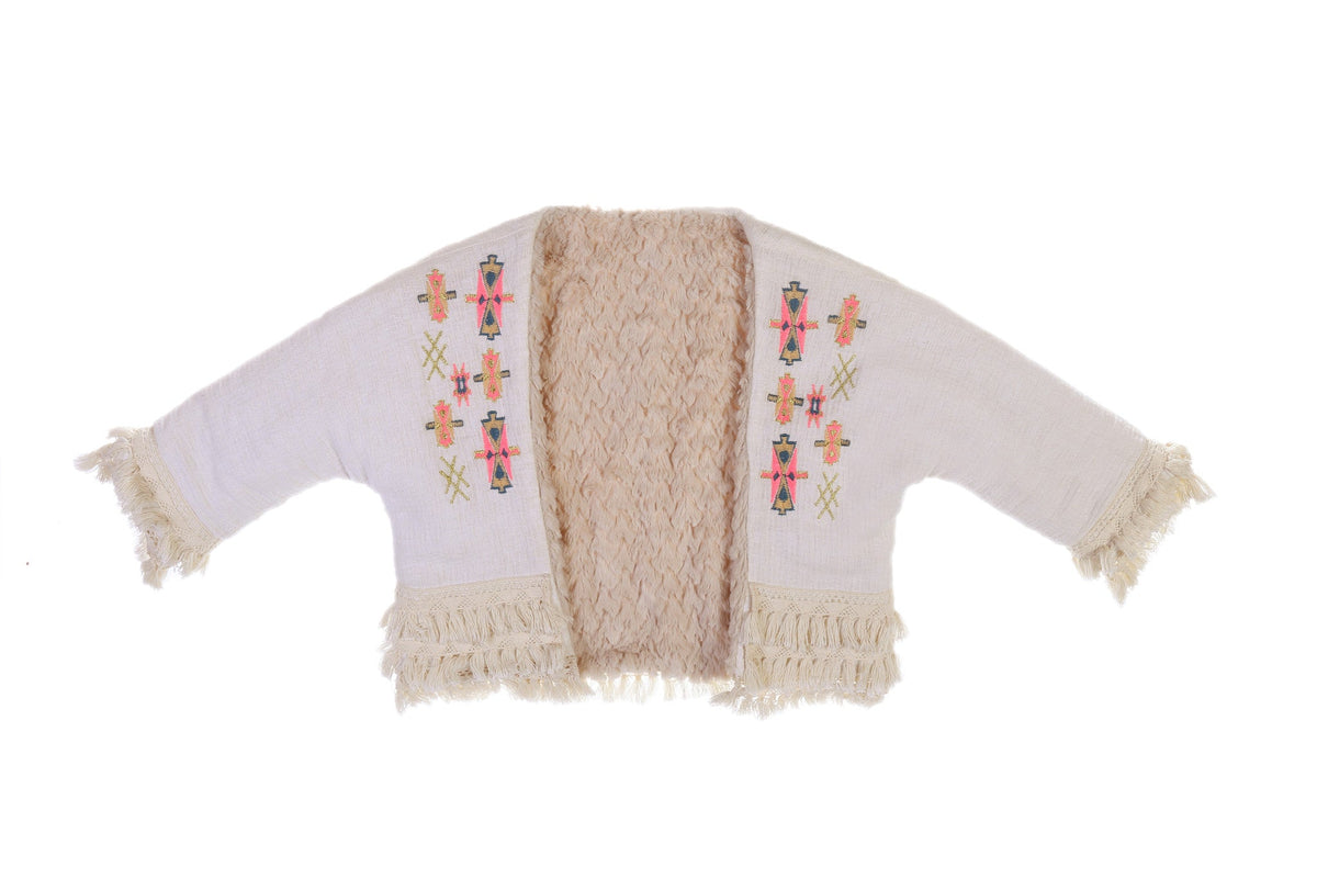 Girls Beige Flower Printed Trims Cotton 'Yana' Jacket
