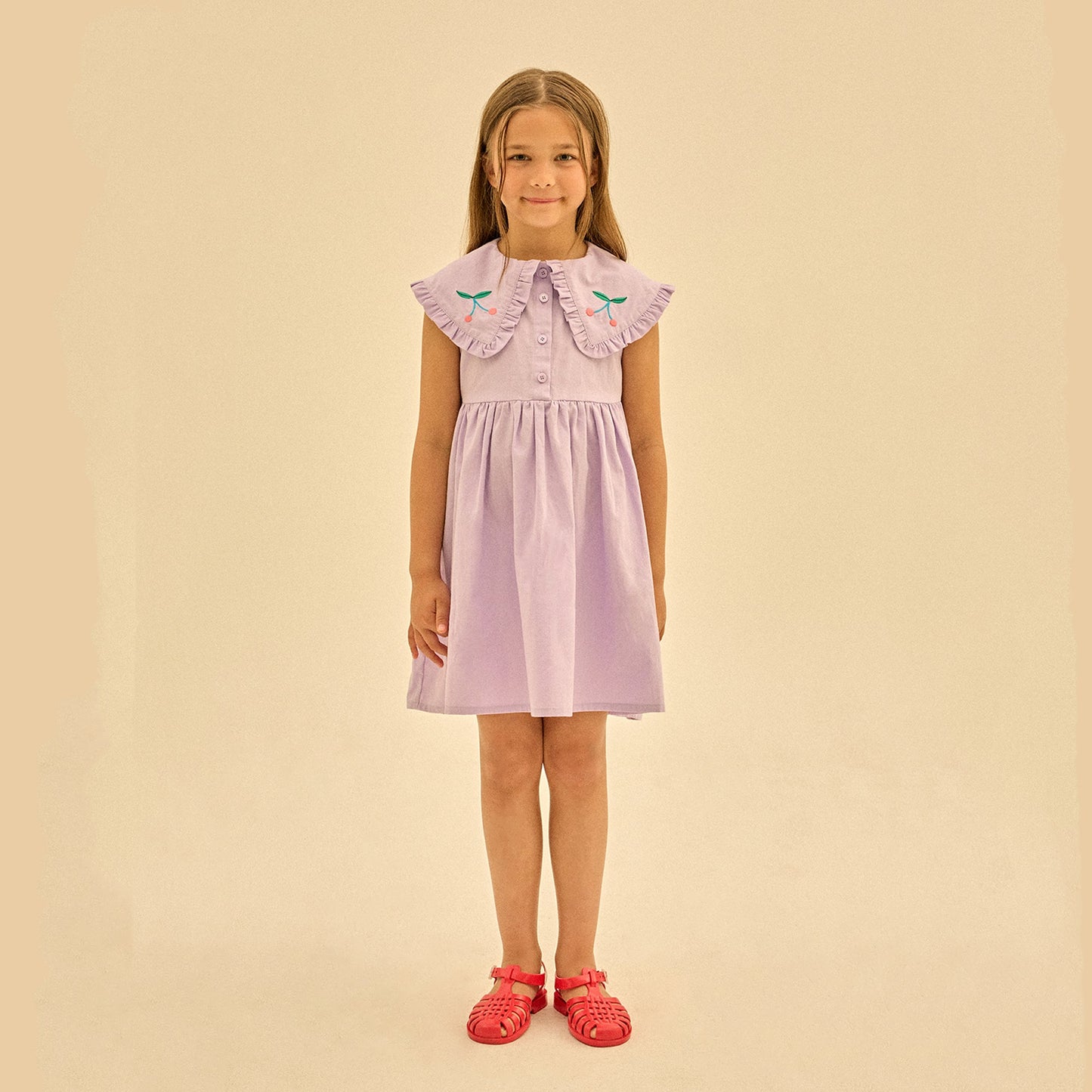 女童紫色荷叶领棉连衣裙