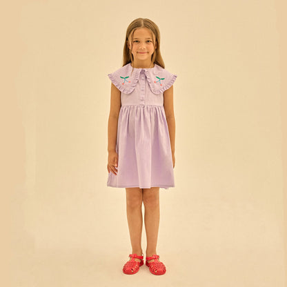 女童紫色荷叶领棉连衣裙