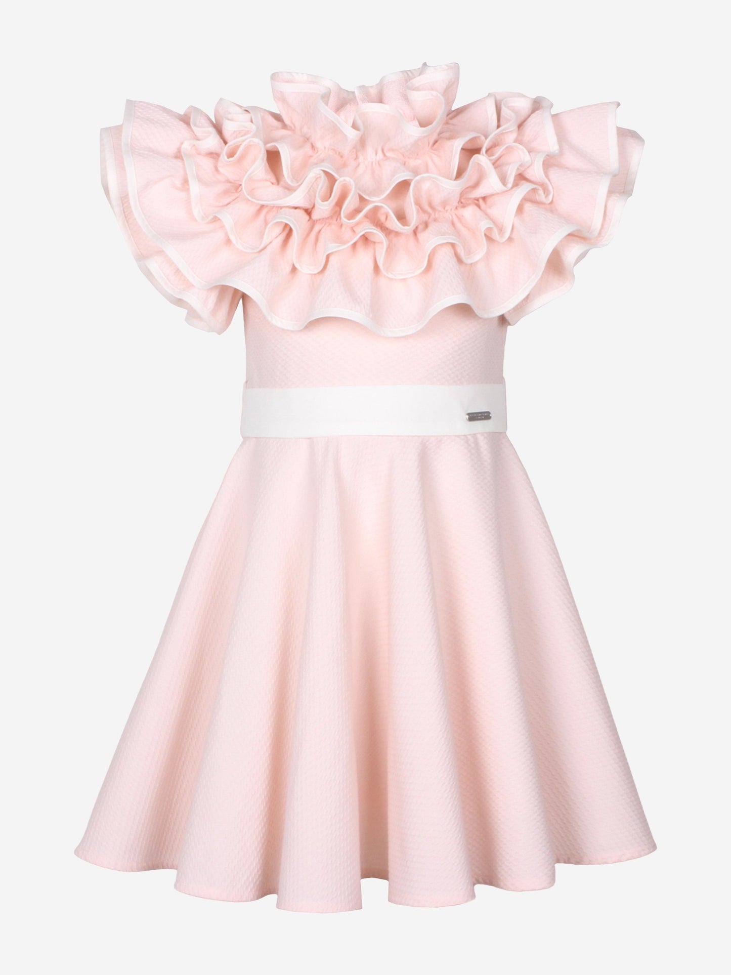 Jessie And James Girls Dotty Jacquard Frilly Glamour Dress in Pink