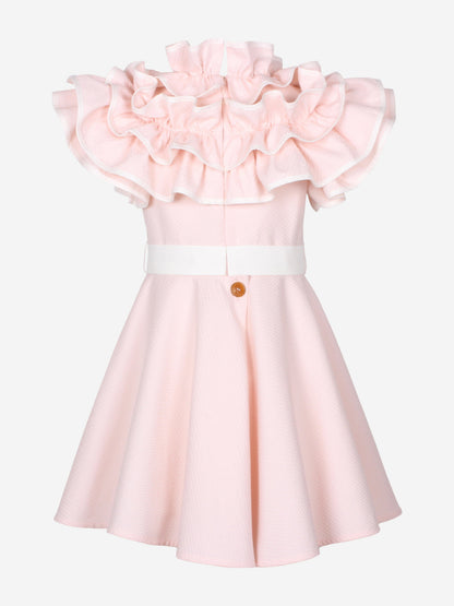 Jessie And James Girls Dotty Jacquard Frilly Glamour Dress in Pink