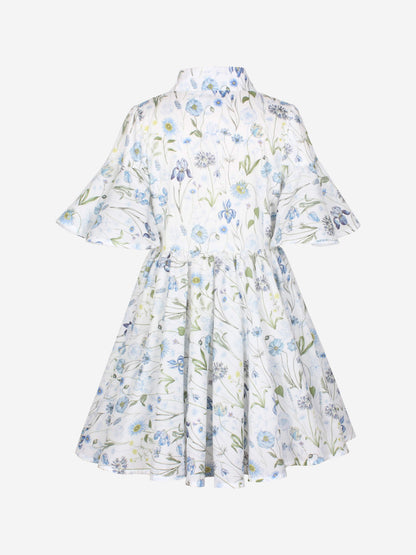 Jessie And James Girls Little Sister Blue Medaow Print Dress in White