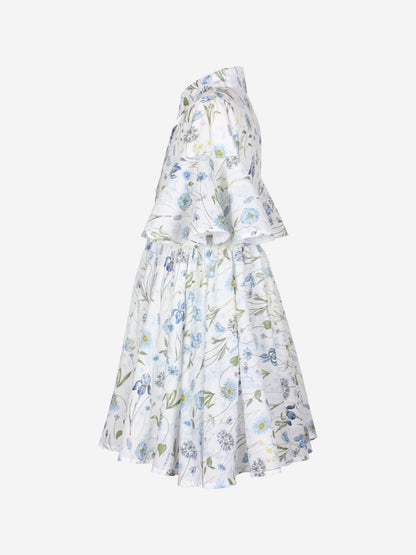 Jessie And James Girls Little Sister Blue Medaow Print Dress in White