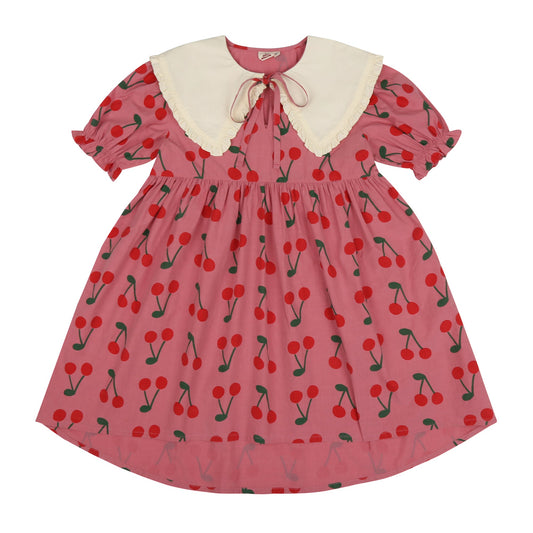女童粉色樱桃印花棉连衣裙
