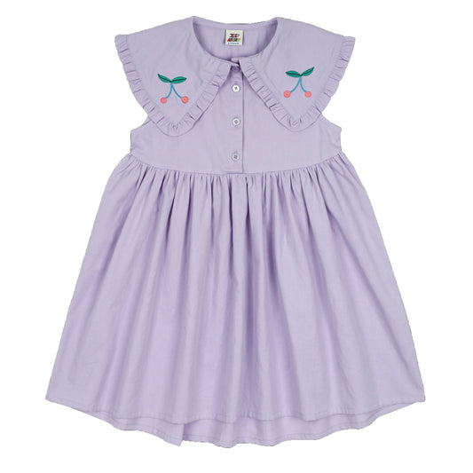 女童紫色荷叶领棉连衣裙