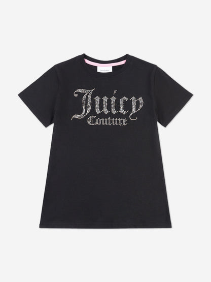 Juicy Couture Girls Diamante Logo Fitted T-Shirt in Black