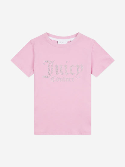 Juicy Couture Girls Diamante Logo Fitted T-Shirt in Pink