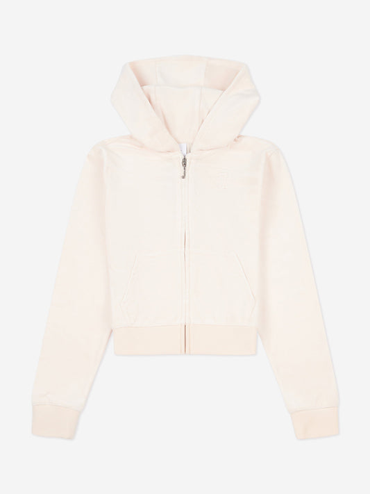 Juicy Couture Girls Tonal Velour Zip Up Top in Beige