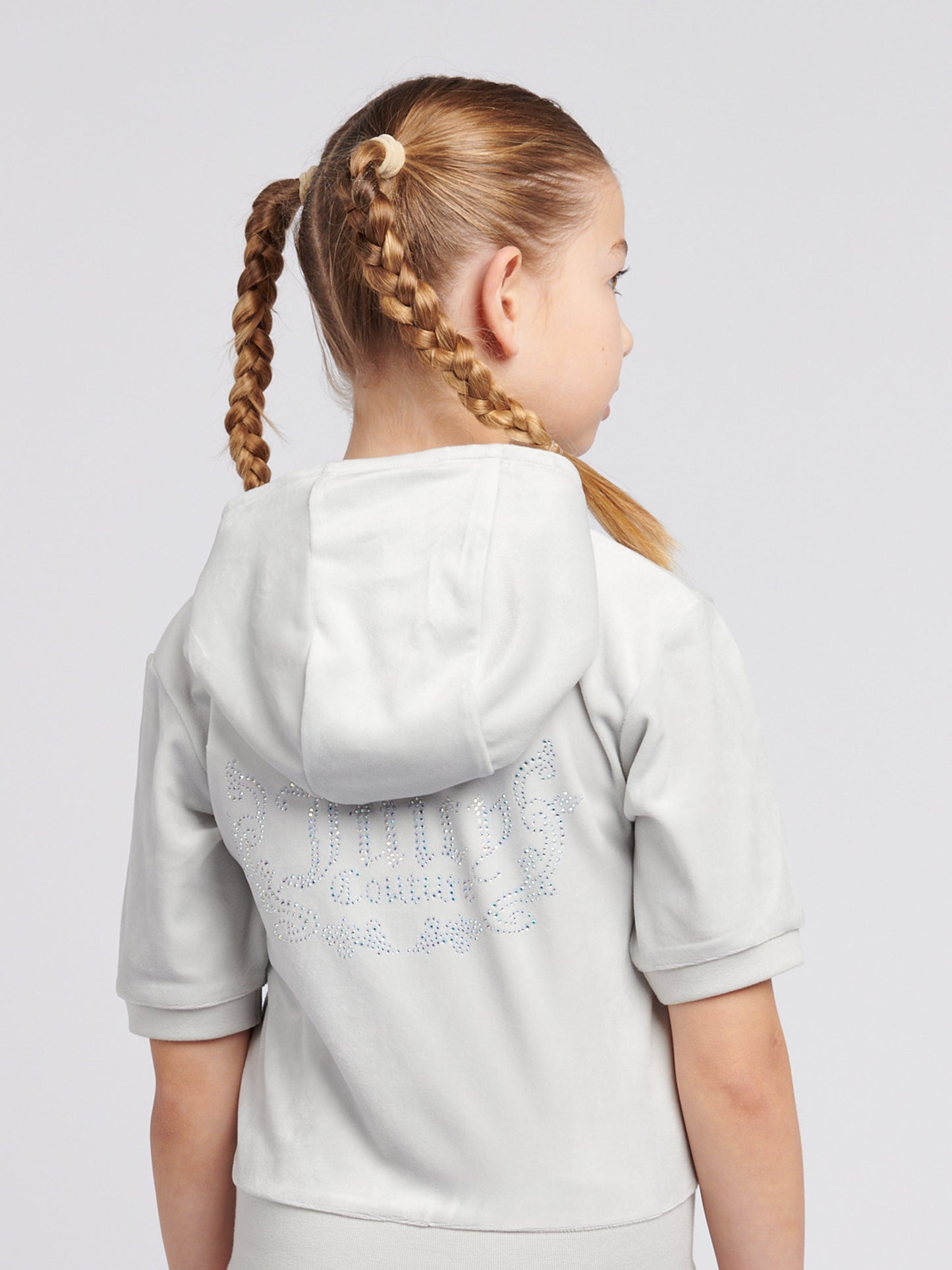 Girls Diamante Logo Zip Up Hoodie in Grey