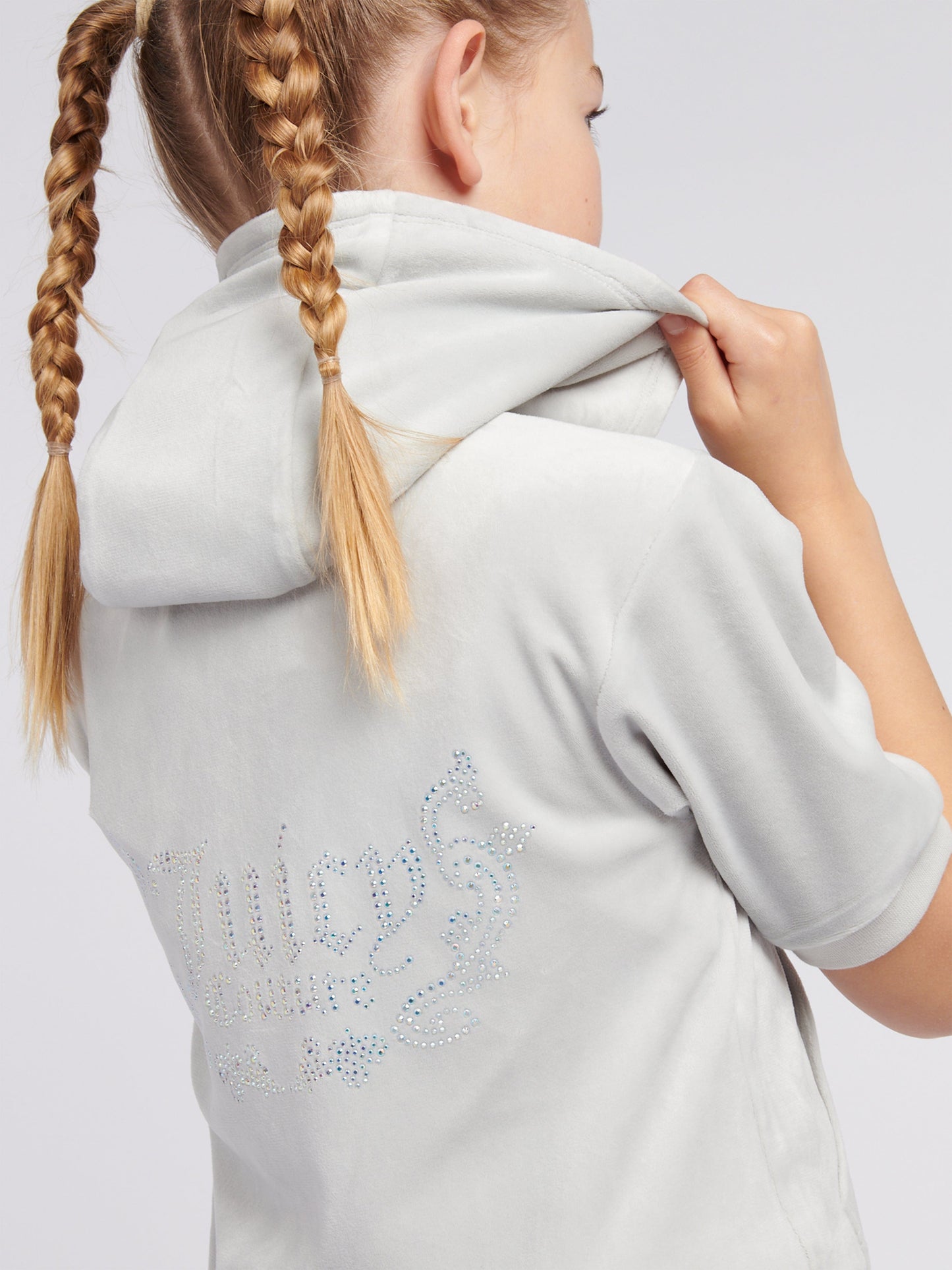 Girls Diamante Logo Zip Up Hoodie in Grey