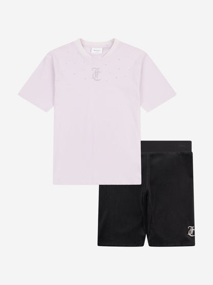Girls T-Shirt and Velour Cycling Short Set in Black