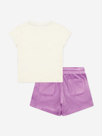 Girls Heritage T-Shirt and Velour Shorts Set in Purple