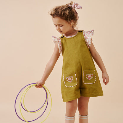 女童橄榄绿刺绣棉连体裤