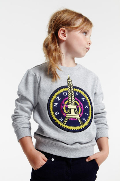 Girls Grey Embroidered Paris Eiffel Tower Cotton Sweatshirt