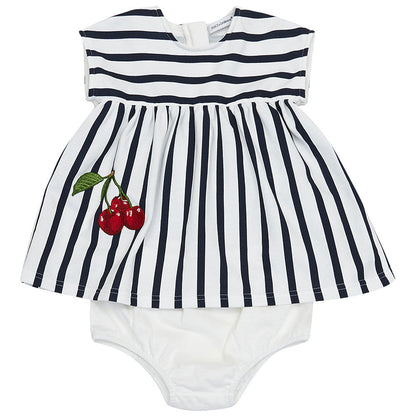 Baby Girls Blue & White striped Dresses  With Cherry