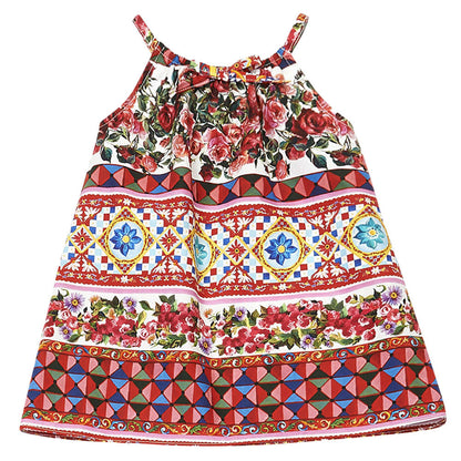 Baby Girl Multicolor Flower Printed Trims Sleeveless Dress