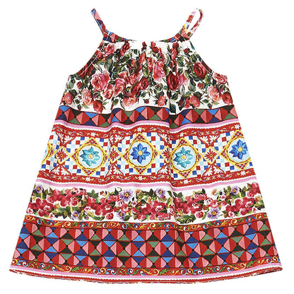 Baby Girl Multicolor Flower Printed Trims Sleeveless Dress