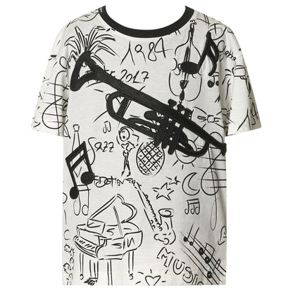 Boys White Fancy Printed T-Shirt With Patch Trims