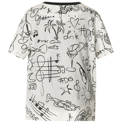 Boys White Fancy Printed T-Shirt With Patch Trims