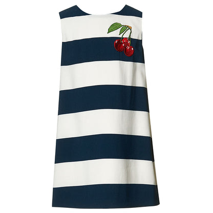Girls Blue &White striped Dresses  With Cherry