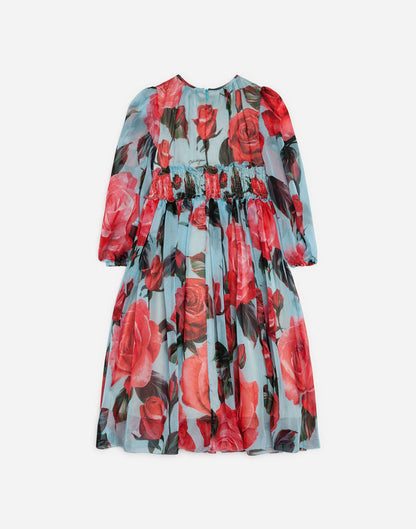 Girls Blue Rose Printed Silk Dress