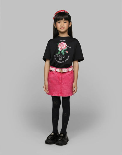 Dolce & Gabbana 女童黑色闪光玫瑰 T 恤