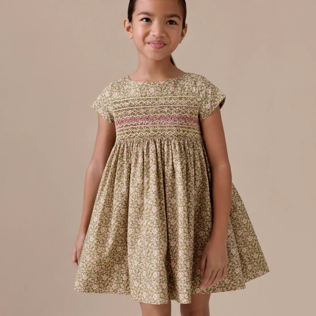 女童卡其绿色碎花棉连衣裙