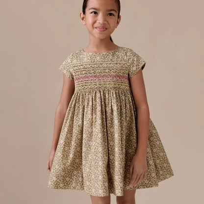 女童卡其绿色碎花棉连衣裙