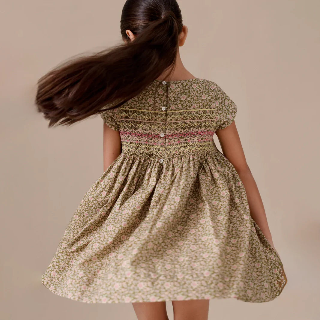 女童卡其绿色碎花棉连衣裙
