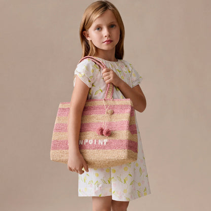 女童粉色条纹刺绣Logo拉菲草手提包( 33 x 12 x 24 cm)