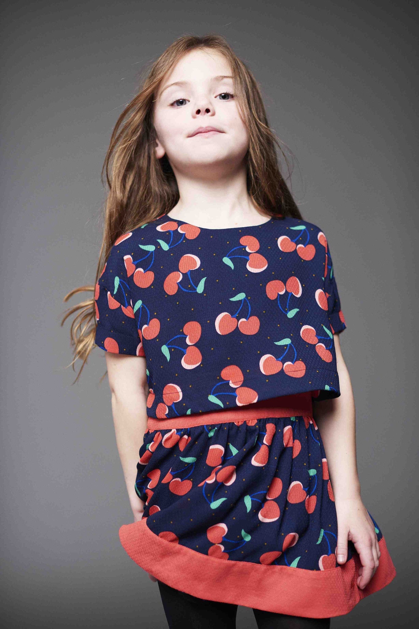 Girls Navy Blue Cherry Printed Trims Dress