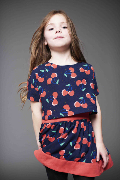 Girls Navy Blue Cherry Printed Trims Dress