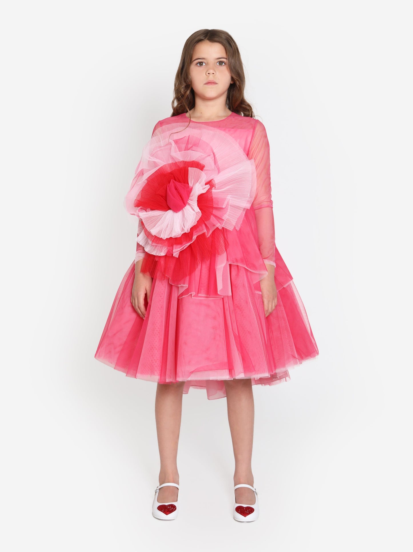 Marchesa 女童粉色 Volant 薄纱礼服
