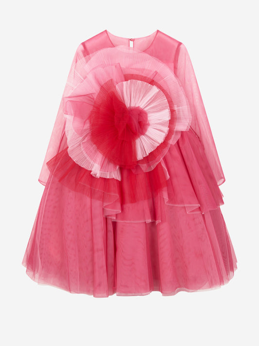 Marchesa 女童粉色 Volant 薄纱礼服
