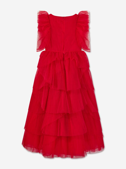 Marchesa 女童褶皱薄纱荷叶边礼服（红色）