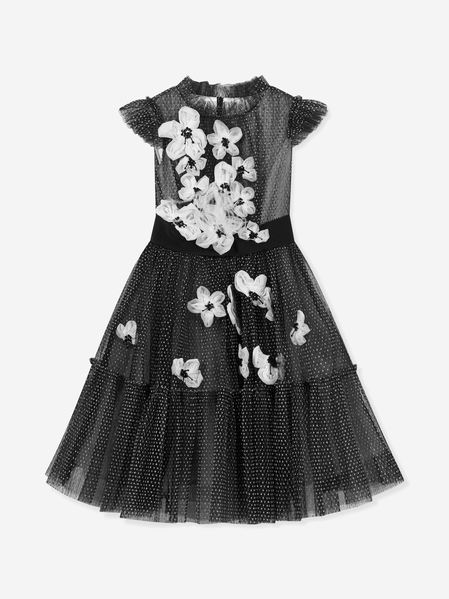 Marchesa 女童花朵缀饰薄纱礼服（黑色）