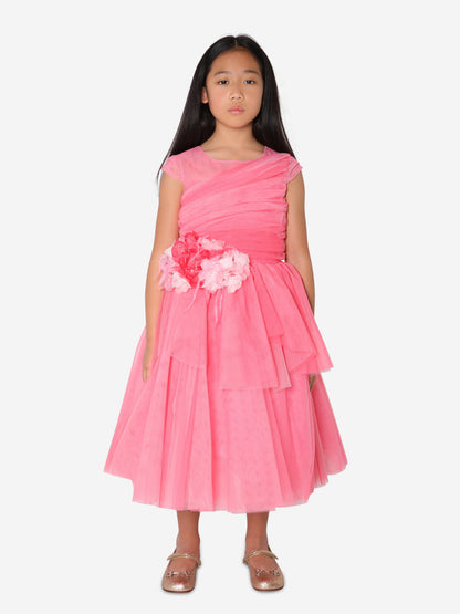 Marchesa 女童褶皱紧身胸衣花朵缀饰薄纱礼服（粉色）