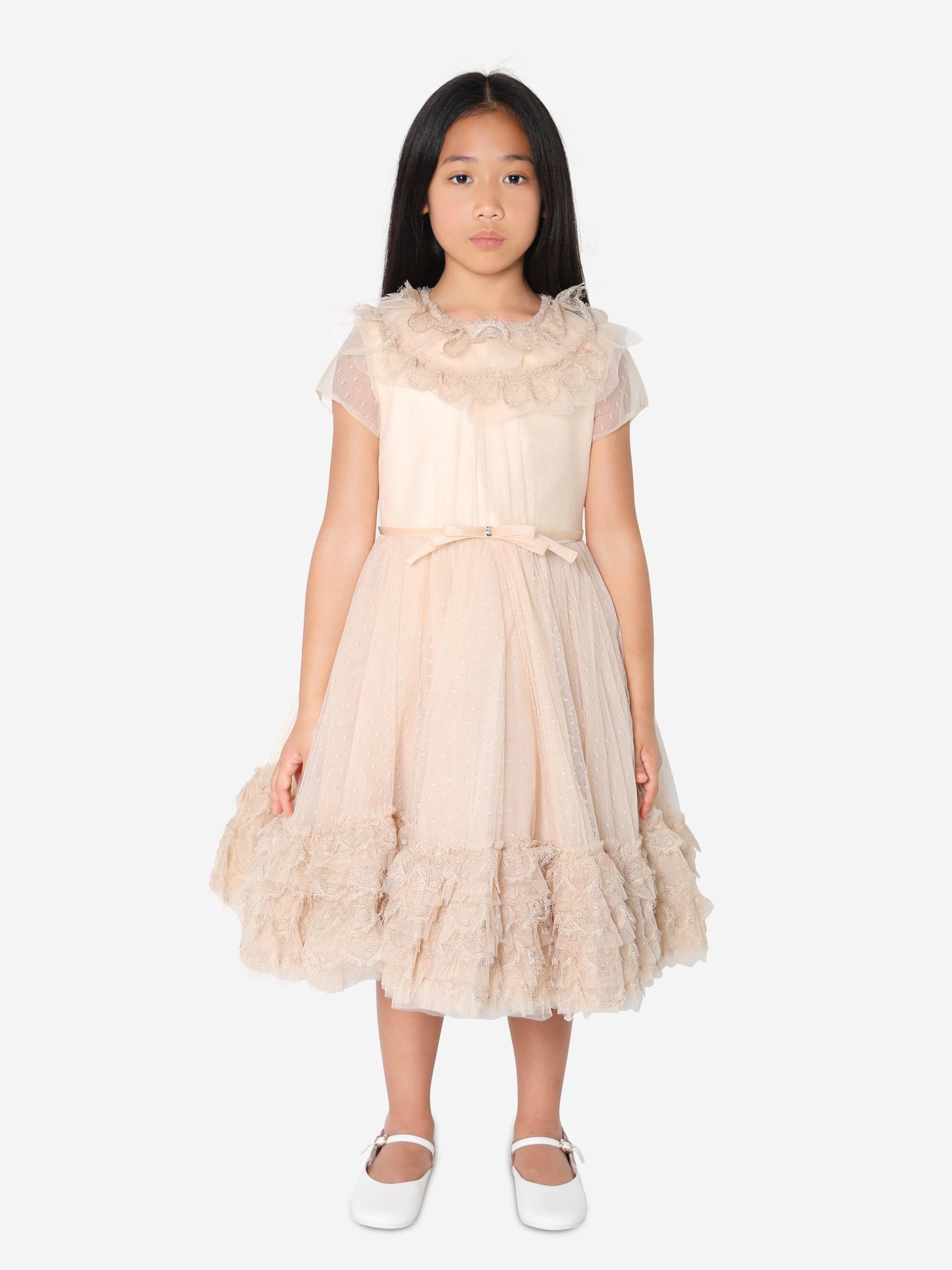 Marchesa 女童奶油色 Plumetis 薄纱礼服