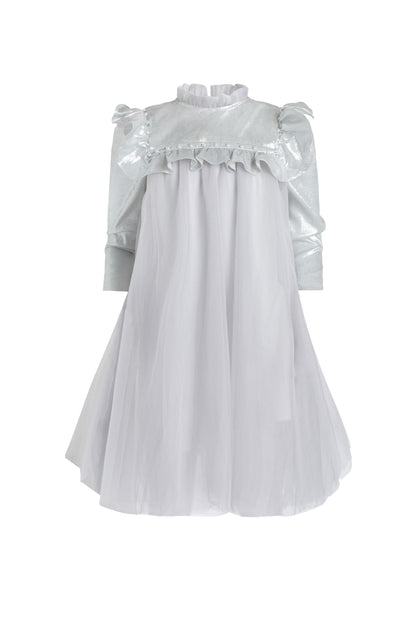 女童银色荷叶边珍珠拼纱连衣裙