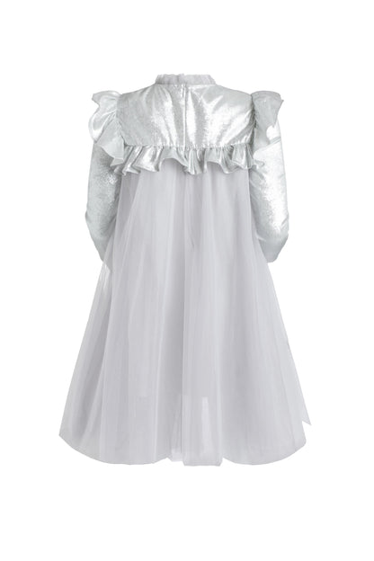 女童银色荷叶边珍珠拼纱连衣裙