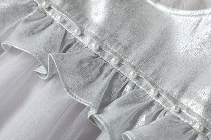 女童银色荷叶边珍珠拼纱连衣裙