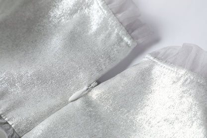 女童银色荷叶边珍珠拼纱连衣裙