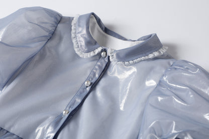 女童蓝色泡泡袖公主礼服裙