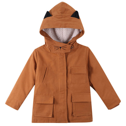Girls Brown Ear Trims Hooded Cotton Jacket