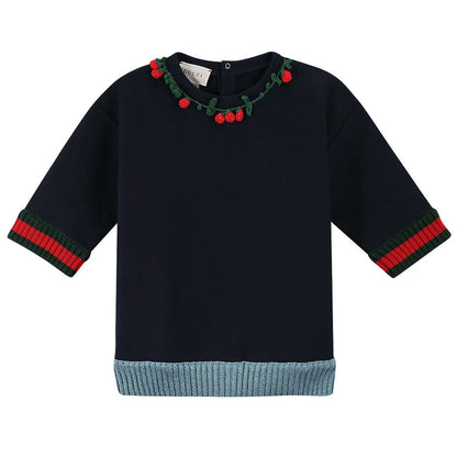 Baby Girls Navy Blue Knitted Flower Trims Sweater