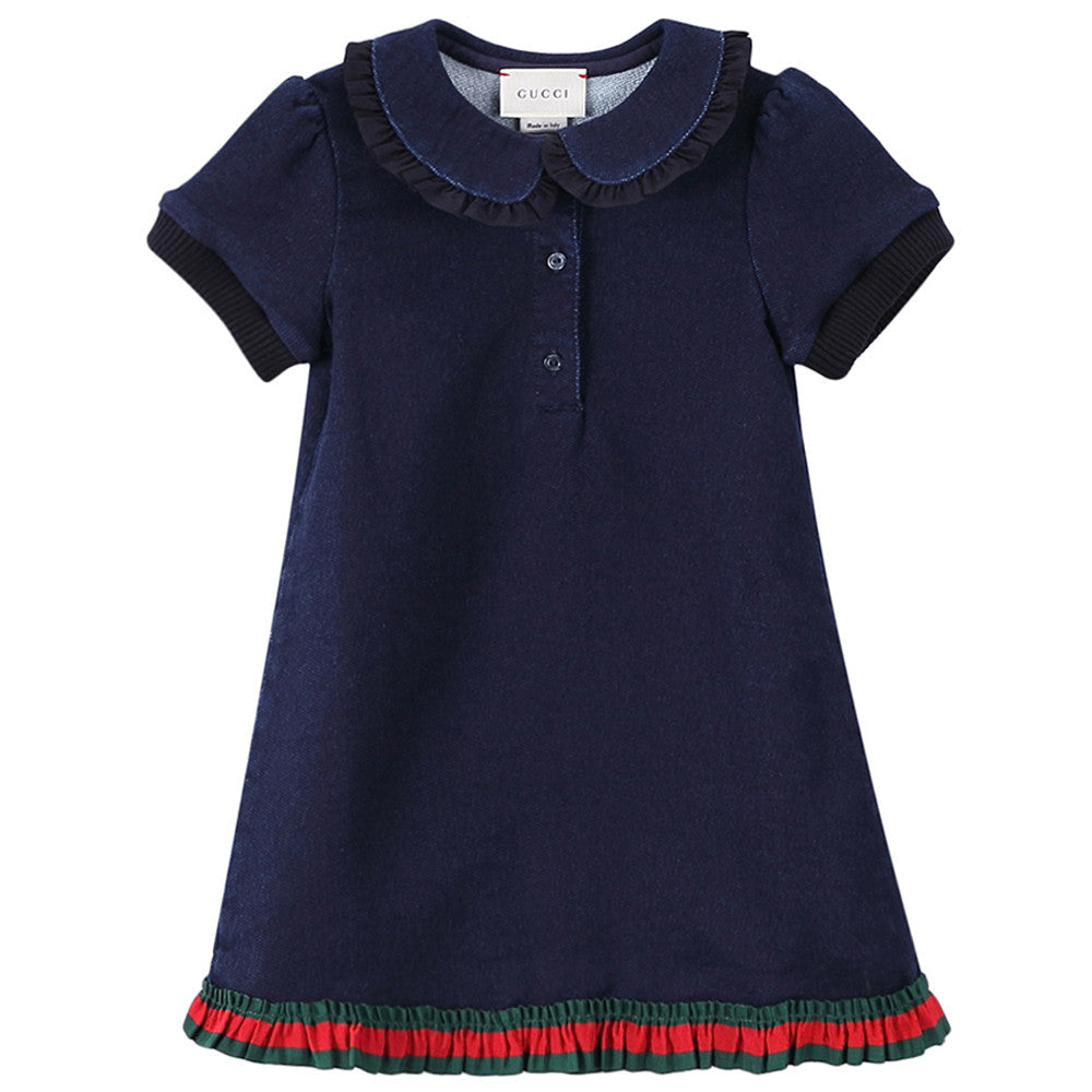 Baby Girls Navy Blue Ruffled Collar Cotton Dress