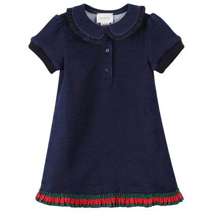 Baby Girls Navy Blue Ruffled Collar Cotton Dress